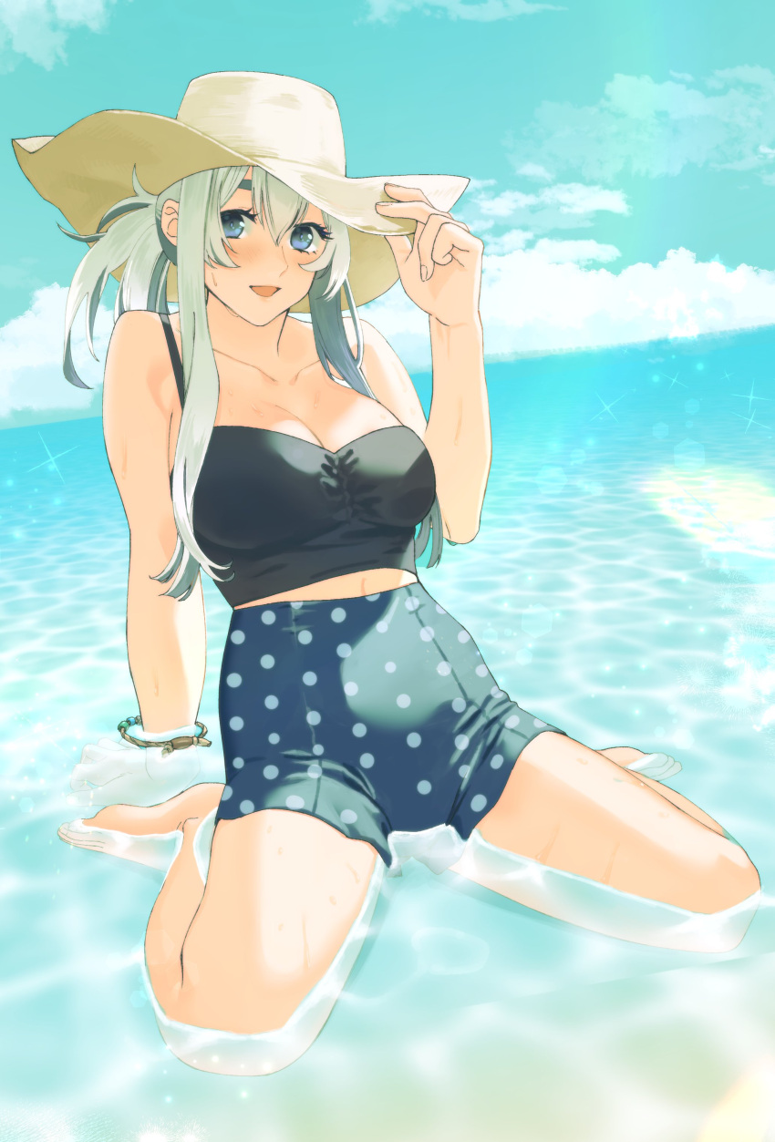 1girl absurdres alternate_costume bikini blue_eyes blue_sky breasts cloud day ff8h5 folded_ponytail hat highres holding holding_clothes holding_hat horizon kamoi_(kancolle) kantai_collection large_breasts looking_at_viewer mismatched_bikini ocean outdoors partially_submerged polka_dot polka_dot_bikini sidelocks sitting sky solo sun_hat swimsuit wariza water white_hair yellow_headwear