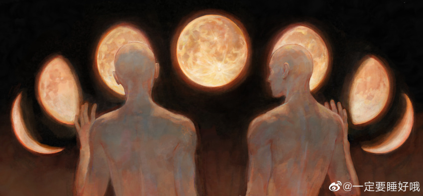 2boys absurdres artist_request astronomy crescent_moon faceless faceless_male from_behind full_moon gibbous_moon hand_up highres looking_ahead male_focus moon moon_phases multiple_boys multiple_moons orange_theme original toned toned_male upper_body