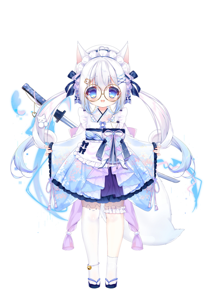 1girl :d absurdres ahoge animal_ear_legwear animal_ears animal_hair_ornament ankle_bell aosawa_kawa apron beret blue_bow blue_eyes blue_footwear blue_hair blue_kimono blush bow bridal_garter cat_ear_legwear child drill_hair energy flip-flops fox_ears frilled_apron frills full_body glasses gradient_hair hair_bow hair_ornament hat heart heart_ahoge highres japanese_clothes katana kimono kimono_dress long_hair looking_at_viewer maid maid_headdress multicolored_hair non-web_source obi official_art round_eyewear sandals sash shenhai_jinglan single_sock single_thighhigh sleeves_past_wrists smile socks solo standing stardust_project sword tachi-e thighhighs transparent_background twin_drills twintails unsheathed virtual_youtuber wa_maid weapon weapon_on_back white_apron white_hair white_headwear white_socks white_thighhighs wide_sleeves x_hair_ornament yellow-framed_eyewear