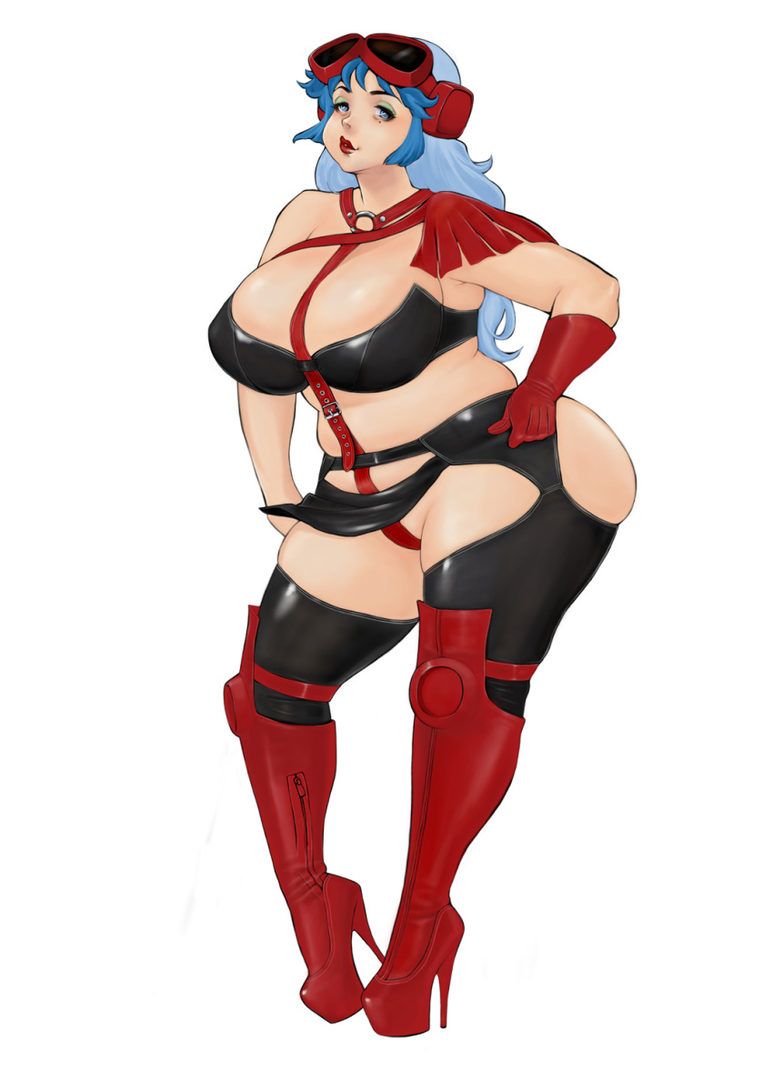 1girl between_breasts black_bodysuit blue_eyes blue_eyeshadow blue_hair bodysuit boots breasts eyeshadow fat full_body gloves goggles goggles_on_head greta_karas high_heel_boots high_heels highres komii large_breasts lipstick long_hair looking_at_viewer makeup mole mole_under_eye o-ring old old_woman red_gloves sentou_mecha_xabungle sidelocks simple_background solo standing thick_thighs thighs white_background