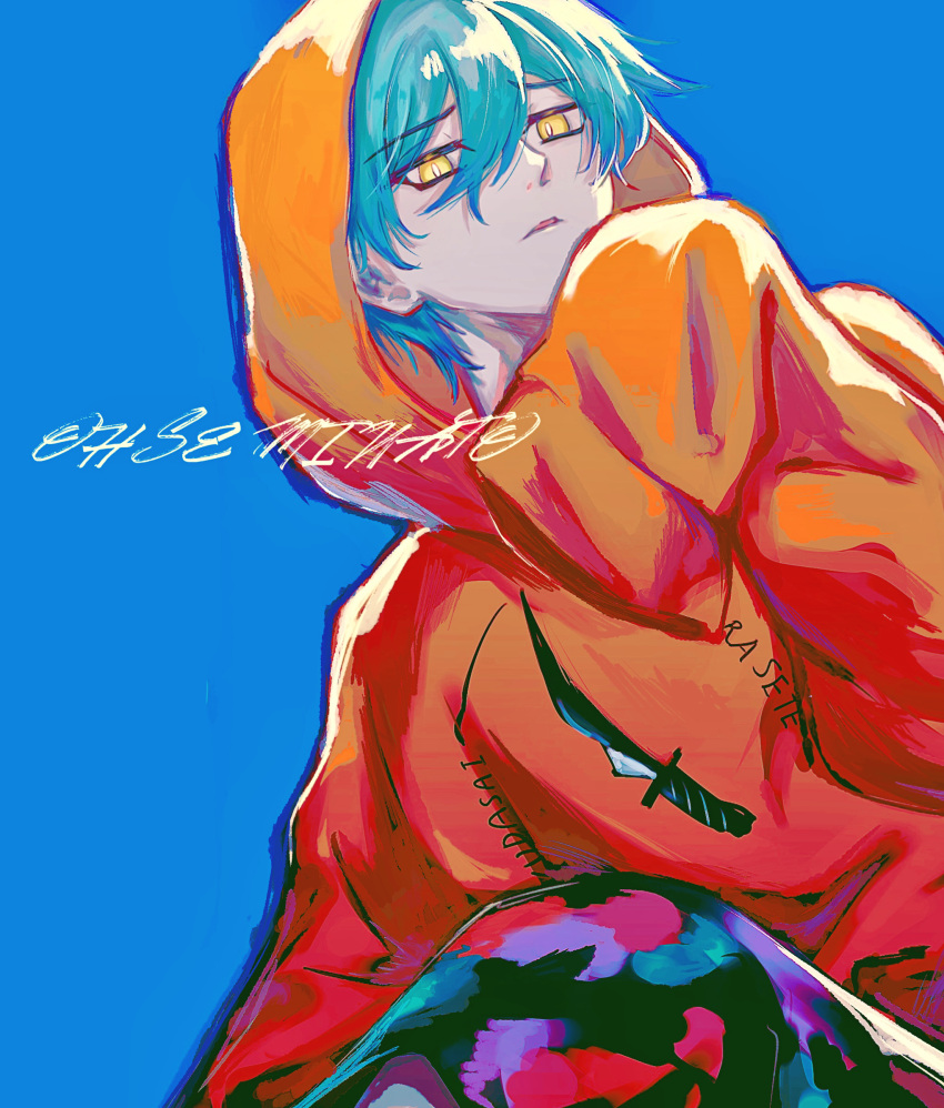 1boy black_pants blue_background blue_hair character_name charisma_house highres hood hood_up hoodie light_blue_hair looking_at_viewer looking_down male_focus ohse_minato orange_hoodie pants parted_lips short_hair sleeves_past_fingers sleeves_past_wrists solo ukisi yellow_eyes