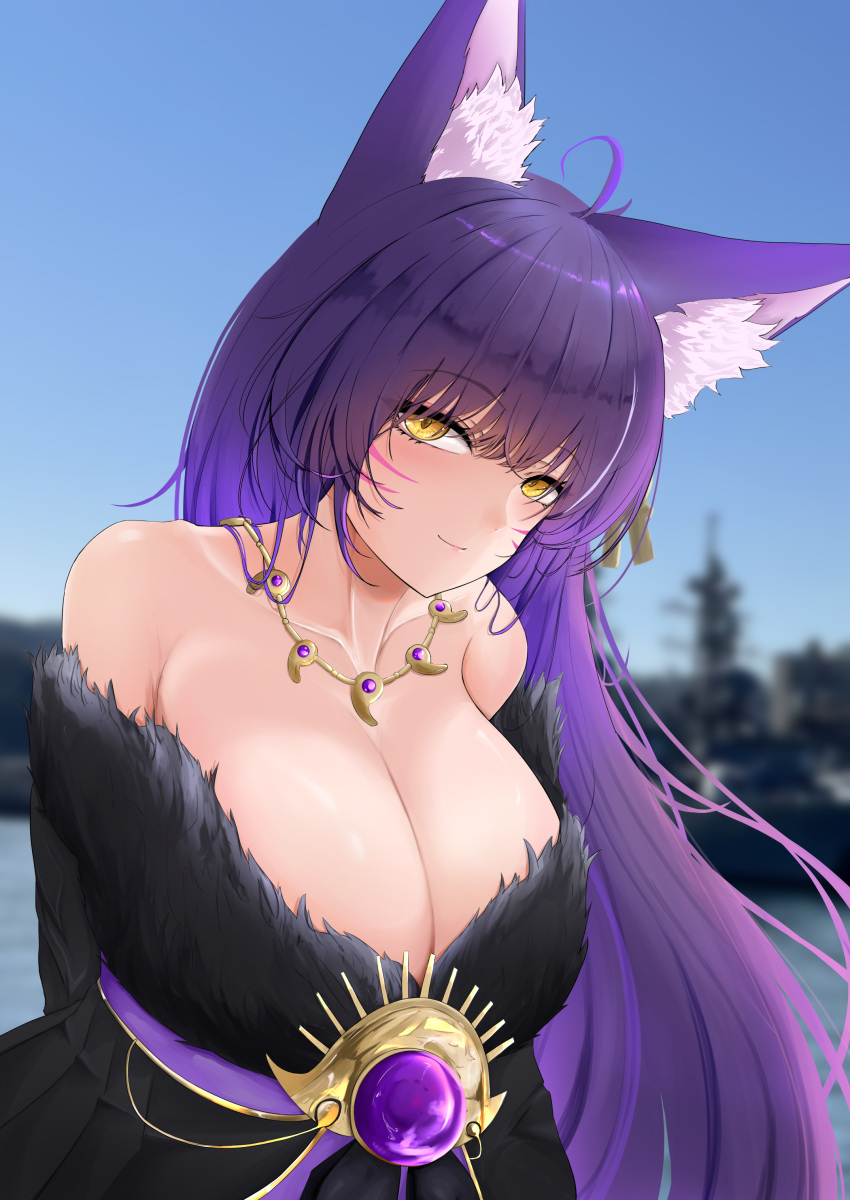 1girl absurdres ahoge animal_ear_fluff animal_ears azur_lane bare_shoulders black_dress blurry blurry_background breasts cleavage closed_mouth commentary_request depth_of_field dress facial_mark fox_ears fur_trim highres jewelry large_breasts long_hair looking_at_viewer magatama magatama_necklace musashi_(azur_lane) necklace outdoors purple_hair slit_pupils smile solo whisker_markings yellow_eyes yukkurimikan