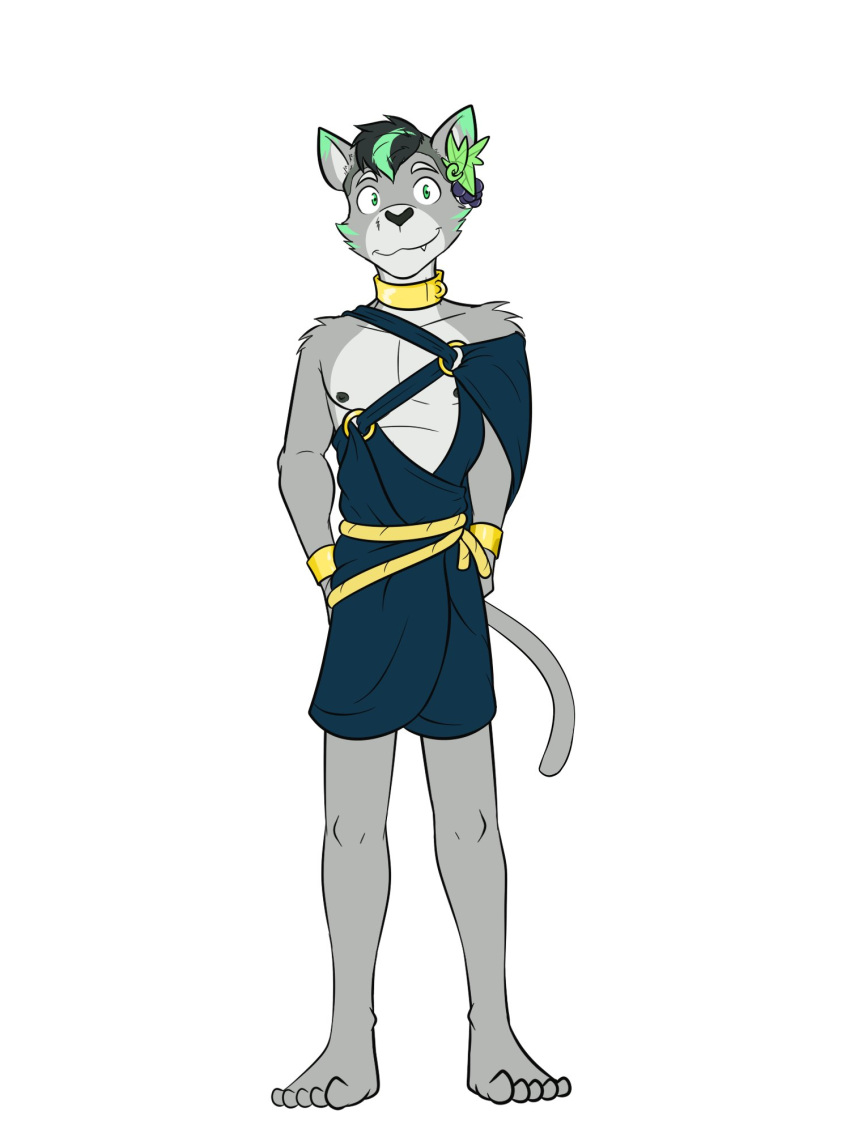 adastra adastra_(series) alexios_(adastra) anthro barefoot clothed clothing collar domestic_cat echo_project feet felid feline felis full-length_portrait fuze hi_res male mammal nipples portrait simple_background solo toga white_background