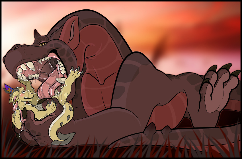 absurd_res blush bodily_fluids diablito diablito_(artist) dragon drooling duo feral hi_res karo kobold larger_feral larger_male licking_groin male male/male mouth_shot open_mouth outside saliva size_difference smaller_feral smaller_male teeth vore