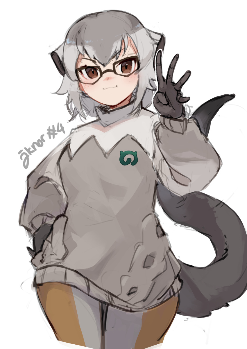 1girl absurdres animal_ears black-framed_eyewear black_gloves brown_eyes gloves grey_hair highres japari_symbol kemono_friends long_sleeves looking_at_viewer meerkat_(kemono_friends) multicolored_hair noor7 short_hair smile solo tail