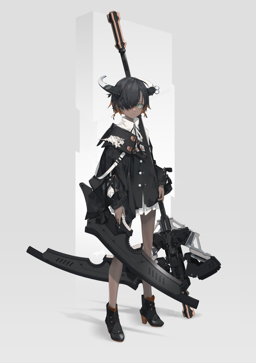 1girl absurdres ankle_boots aqua_eyes black_hair boots colored_inner_hair commentary_request dark-skinned_female dark_skin dual_wielding full_body grey_background hair_over_one_eye high_heel_boots high_heels highres holding holding_scythe holding_sword holding_weapon horns looking_at_viewer mechanical_horns miya-ki_(miya_key) multicolored_hair orange_hair original scythe short_hair solo standing sword two-tone_hair very_short_hair weapon