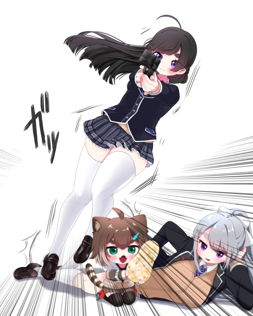 3girls :3 ahoge aiming animal_ears black_hair black_jacket black_thighhighs blazer blue_necktie blunt_ends blush bow bowtie brown_cardigan brown_hair brown_hoodie brown_skirt cardigan cat_ears cat_girl cat_tail chestnut_mouth chibi colored_tips commentary_request emphasis_lines falling fangs fish_hair_ornament floating_hair food fumino_tamaki grey_hair grey_skirt gun hair_bow hair_ornament hairclip half_updo hand_on_own_head handgun head_rest highres higuchi_kaede higuchi_kaede_(1st_costume) holding holding_food holding_gun holding_weapon hood hood_down hoodie jacket kneehighs loafers long_hair long_sleeves lying miwa_(misui7d) multicolored_hair multiple_girls naan_bread necktie nijisanji on_floor on_side open_clothes open_jacket oversized_food oversized_object pink_bow pink_bowtie plaid plaid_skirt pleated_skirt ponytail purple_eyes reclining school_uniform shoes simple_background skirt smile socks tail thick_eyebrows thick_thighs thighhighs thighs tripping tsukino_mito tsukino_mito_(1st_costume) v-shaped_eyebrows weapon white_background white_bow white_socks white_thighhighs
