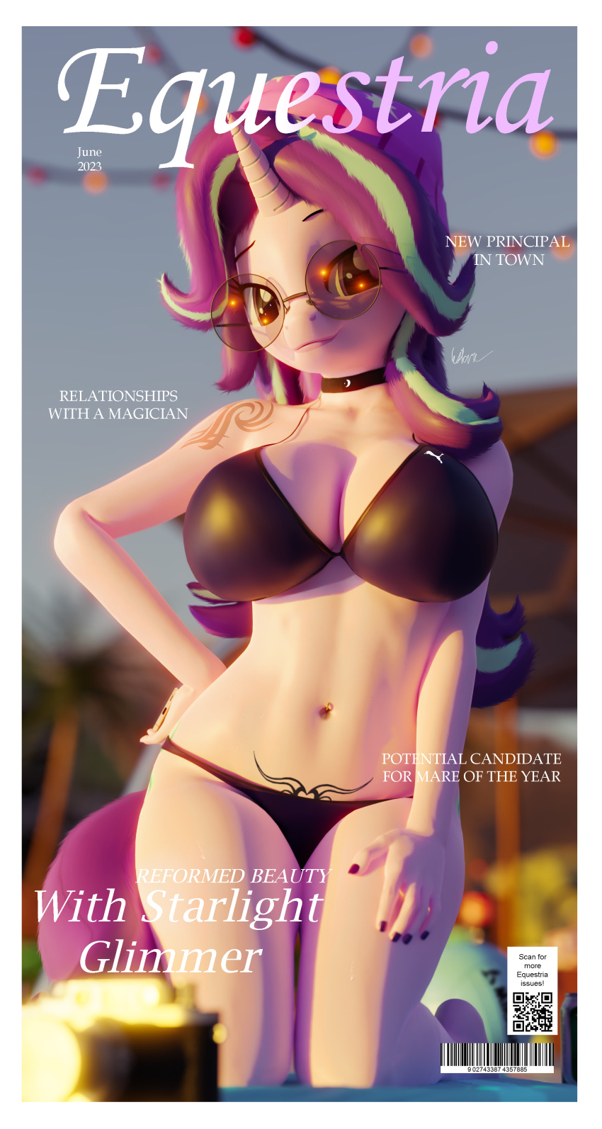 3d_(artwork) absurd_res anthro anthrofied big_breasts bikini breasts cleavage clothed clothing cover digital_media_(artwork) english_text equid equine eyewear female friendship_is_magic hand_on_hip hasbro hi_res horn layla_horizon_(artist) magazine_cover mammal my_little_pony navel navel_piercing piercing starlight_glimmer_(mlp) swimwear text unicorn