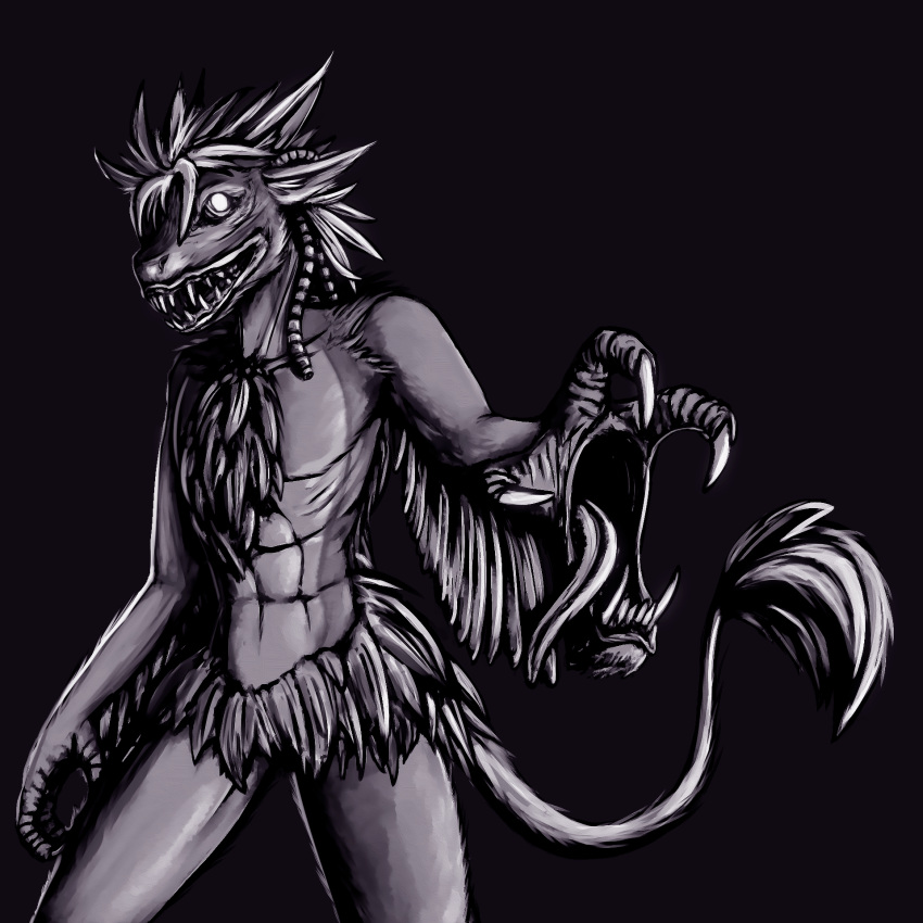 4_ears anthro avali creepy feathers hi_res male monochrome mounth_on_hand multi_ear open_mouth scary scary_face simple_background solo tail teeth tiskanomicon vodim winged_arms wings