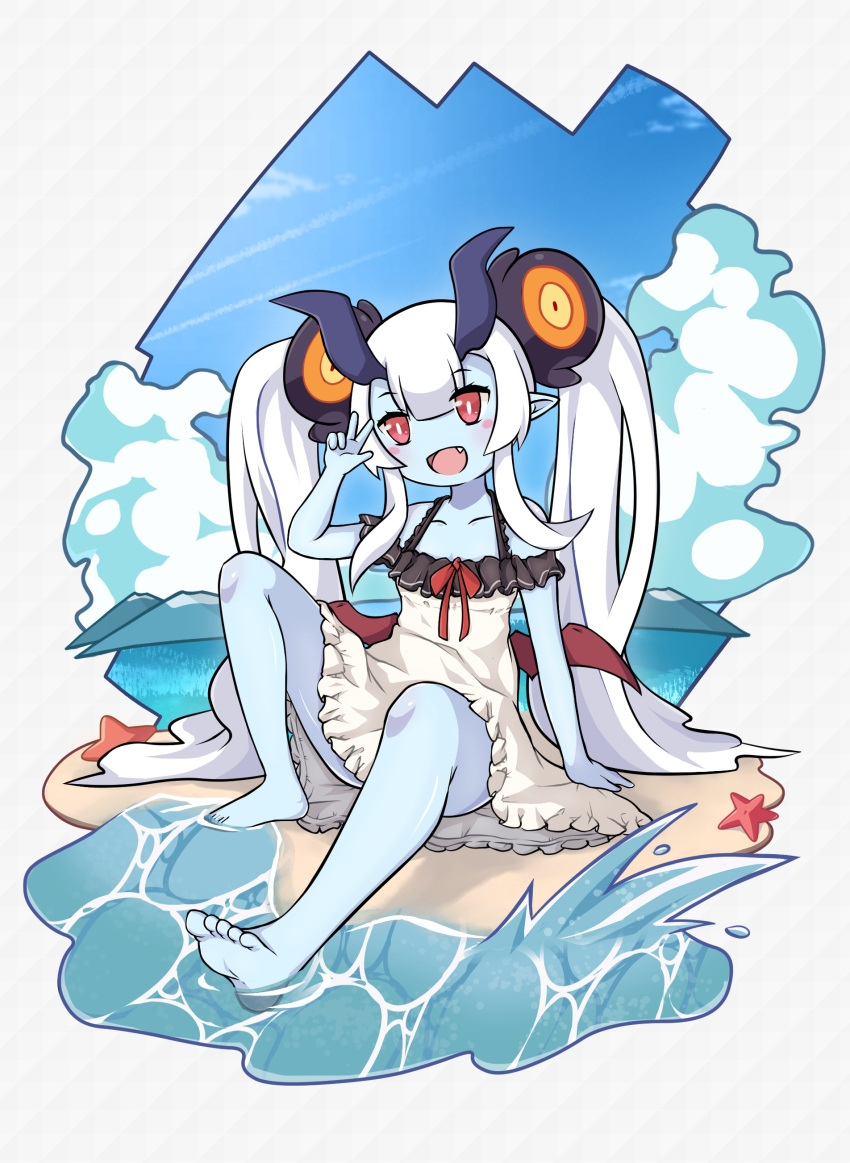 1girl absurdres arum_(world_flipper) beach blush bright_pupils cloud collarbone demon_wings dress fang highres horns long_hair mwm5 open_mouth pointy_ears red_eyes red_ribbon red_wings ribbon shore sitting solo starfish twintails v very_long_hair white_background white_dress white_hair white_pupils wings world_flipper
