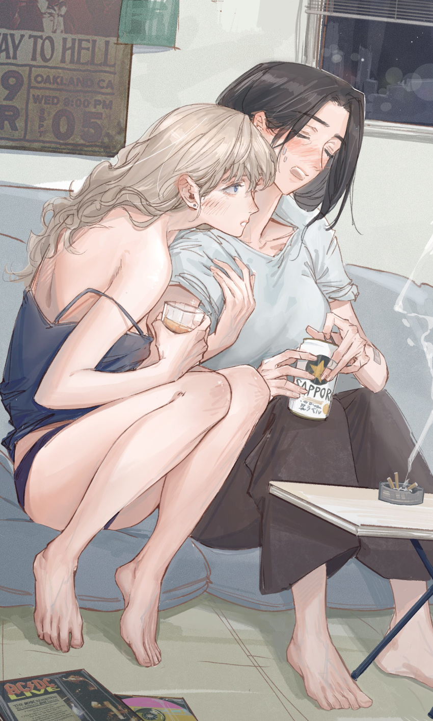 2girls absurdres ac/dc alcohol arm_hug ashtray bandaid bandaid_on_hand barefoot black_hair black_pants blue_camisole blue_eyes blue_panties blue_shirt blush breasts camisole cigarette closed_eyes collarbone commentary cup deerwhisky drunk ear_blush earrings highres holding holding_cup indoors jewelry light_brown_hair long_hair medium_breasts medium_hair multiple_girls open_mouth original panties pants parted_lips sapporo_beer shirt sitting spaghetti_strap strap_slip stud_earrings sweatdrop table teeth underwear upper_teeth_only yuri