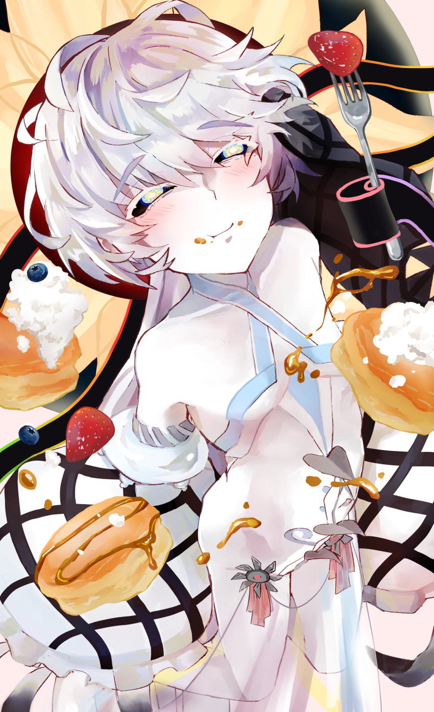 1girl absurdres black_ribbon black_sclera blueberry blush breasts bright_pupils chewing closed_mouth colored_sclera colored_skin fate/grand_order fate_(series) food food_on_face fork fruit headgear highres pancake puffy_short_sleeves puffy_sleeves ribbon see-through shimogamo_(shimomo_12) short_hair short_sleeves small_breasts solo strawberry syrup van_gogh_(fate) van_gogh_(third_ascension)_(fate) white_eyes white_hair white_pupils white_skin