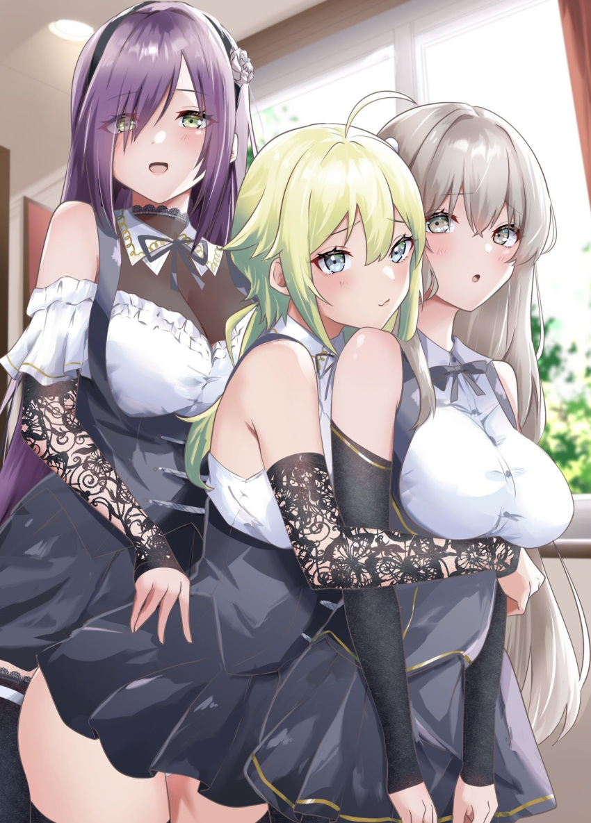 3girls :3 :o ahoge amano_soraha assault_lily bare_shoulders black_hairband black_ribbon black_skirt black_thighhighs blonde_hair blue_eyes blurry blurry_background blush bodystocking breasts buttons ceiling ceiling_light cleavage closed_mouth collared_shirt commentary cowboy_shot day detached_collar detached_sleeves egawa_kusumi eyes_visible_through_hair flower frilled_shirt frilled_sleeves frills girl_sandwich green_eyes grey_eyes grey_hair hair_between_eyes hair_flower hair_ornament hair_over_one_eye hairband hand_on_another's_hip head_on_another's_shoulder heads_together highres houji_tea_latte hug hug_from_behind indoors lace-trimmed_thighhighs lace_sleeves large_breasts leaning_forward leaning_on_person long_hair long_sleeves looking_at_viewer low_ponytail maki_wakana miniskirt multiple_girls neck_ribbon off-shoulder_shirt off_shoulder panties pantyshot parted_lips ponytail purple_hair raised_eyebrows ribbon rose sandwiched school_uniform shirt short_sleeves skirt sleeveless sleeveless_shirt smile standing suspenders symbol-only_commentary thighhighs underwear v_arms very_long_hair white_flower white_panties white_rose window yuri yurigaoka_girls_academy_school_uniform