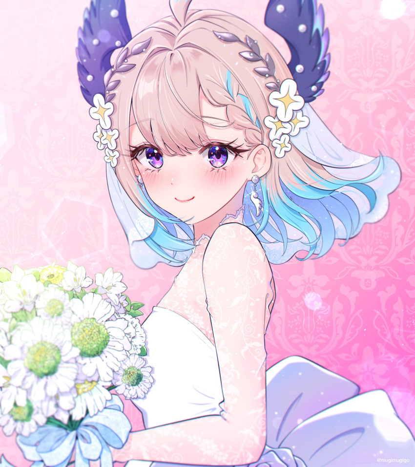 1girl ahoge back_bow blonde_hair blue_hair blush bouquet bow commentary dress earrings english_commentary enna_alouette floating_hair flower head_wings highres holding holding_bouquet jewelry medium_hair mugimugigo nijisanji nijisanji_en purple_bow purple_eyes purple_wings smile solo veil wedding_dress white_dress white_flower wings