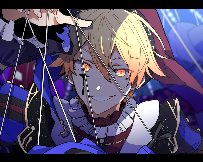 1boy absurdres blonde_hair facial_mark hat highres hoshi-toge jester_cap jewelry long_sleeves looking_at_viewer multicolored_shirt project_sekai puppet_rings puppet_strings ring short_hair solo ten_no_hate_no_phoenix_e_(project_sekai) tenma_tsukasa two-tone_headwear upper_body yellow_eyes