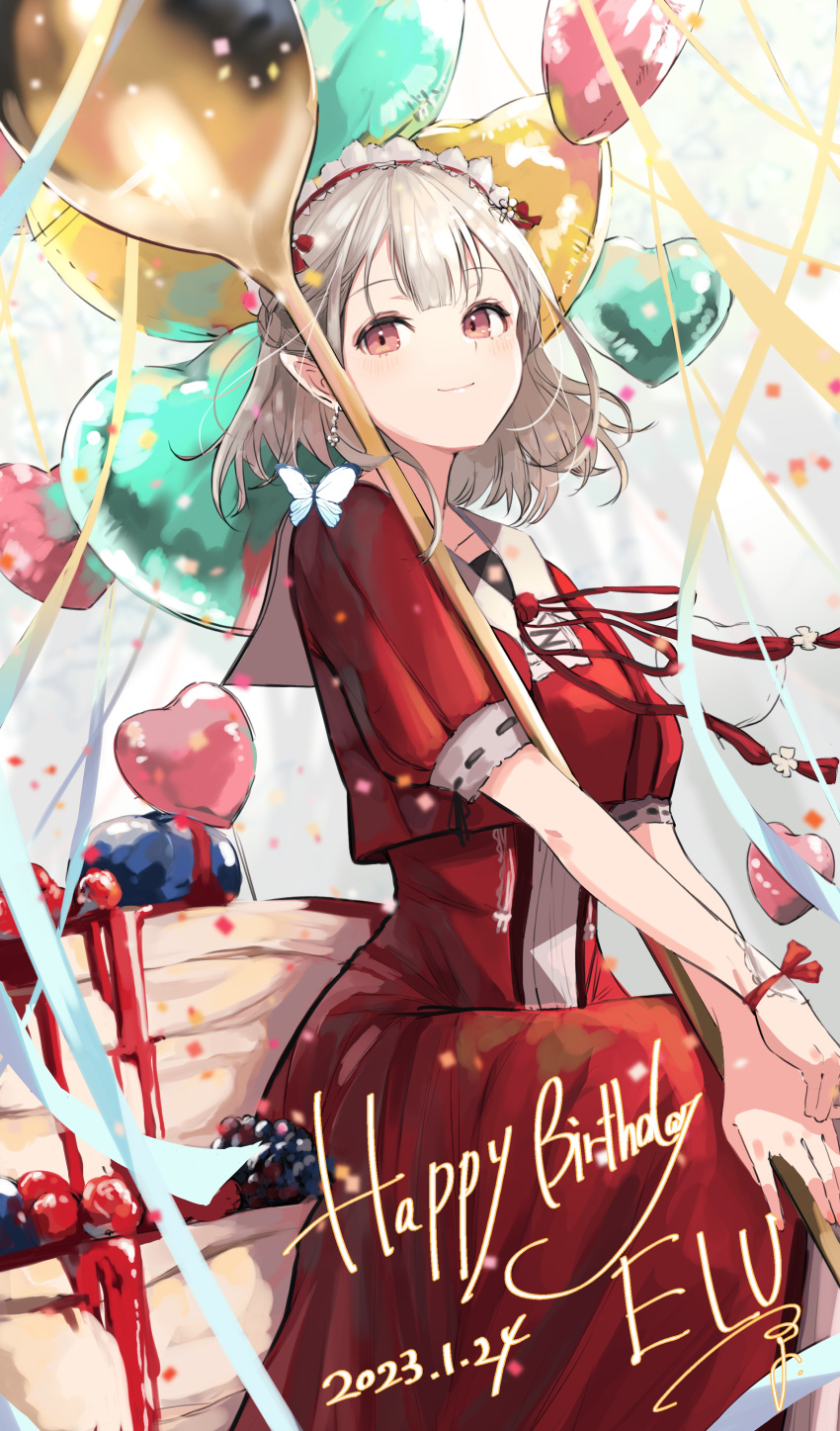 1girl absurdres balloon blueberry butterfly_on_shoulder cake dated dress elu_(8th_costume)_(nijisanji) elu_(nijisanji) food fruit grey_hair happy_birthday heart_balloon highres looking_afar nijisanji ogura_tubuan oversized_object pointy_ears red_dress red_eyes red_ribbon ribbon sitting smile solo spoon virtual_youtuber white_headdress wrist_ribbon