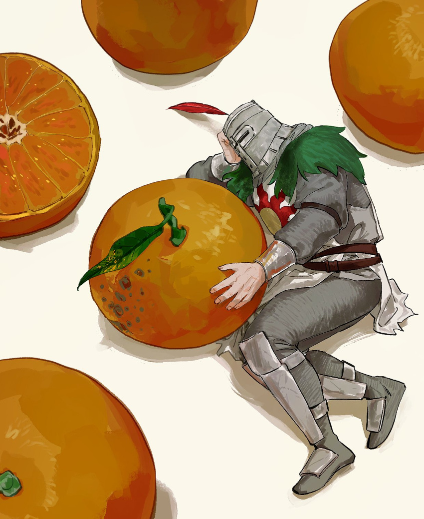 1boy ara_4x4 armor commentary_request covered_face dark_souls_(series) dark_souls_i elbow_rest feathers food fruit full_body fur_trim green_fur helmet highres knight leaf lying mandarin_orange on_side oversized_food solaire_of_astora solo sun_symbol