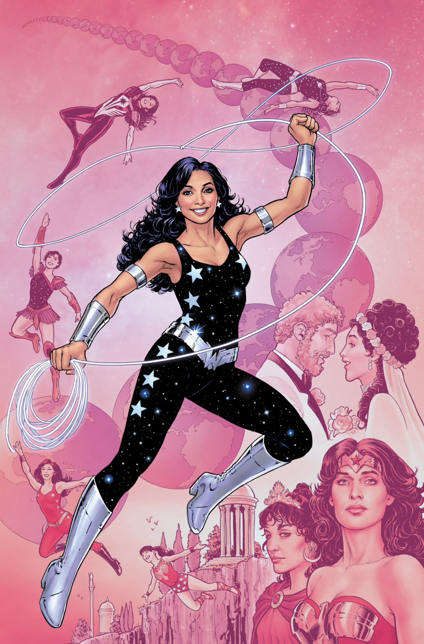 1boy 3girls beard black_hair blonde_hair boots comic_cover dc_comics diana_prince donna_troy earrings earth_(planet) english_commentary facial_hair flying full_body highres hippolyta_(dc) holding holding_lasso holding_rope jewelry lasso leotard multiple_girls nicolascottart official_art planet rope short_hair star_(symbol) star_print superhero teen_titans western_comics_(style) wonder_girl wonder_woman wonder_woman_(series)