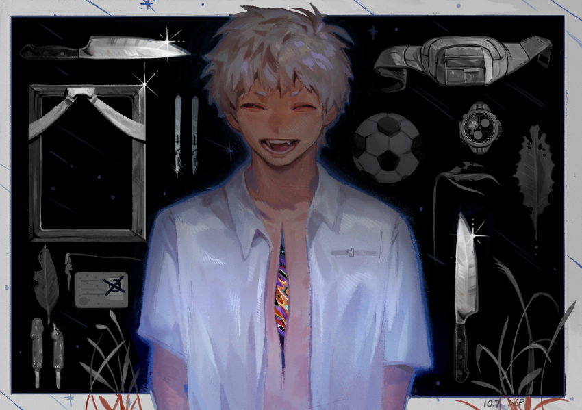 1boy ^_^ arms_at_sides bedemientay1802 border closed_eyes collared_shirt dated empty_picture_frame facing_viewer fangs fanny_pack grass grey_hair highres hikari_(hikaru_ga_shinda_natsu) hikaru_ga_shinda_natsu hole_on_body id_card iei knife leaf male_focus monster_boy open_clothes open_mouth open_shirt outside_border partially_colored picture_frame scalpel school_uniform shirt short_hair short_sleeves solo upper_body watch white_shirt wristwatch