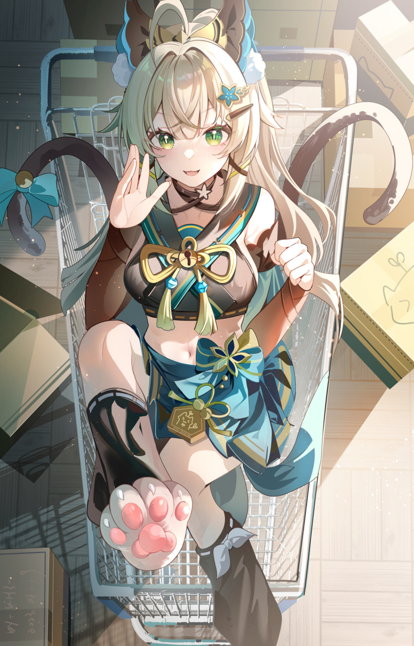 1girl :d ahoge animal_ears bare_shoulders barefoot black_choker black_shirt blonde_hair blue_skirt cat_ears cat_tail choker commentary_request crop_top detached_sleeves fake_animal_ears feet foot_out_of_frame genshin_impact green_eyes hair_ornament hairclip highres kirara_(genshin_impact) leg_warmers legs long_hair long_sleeves looking_at_viewer miaogujun midriff miniskirt multiple_tails navel open_mouth shirt shopping_cart skirt smile soles solo stomach tail toes two_tails