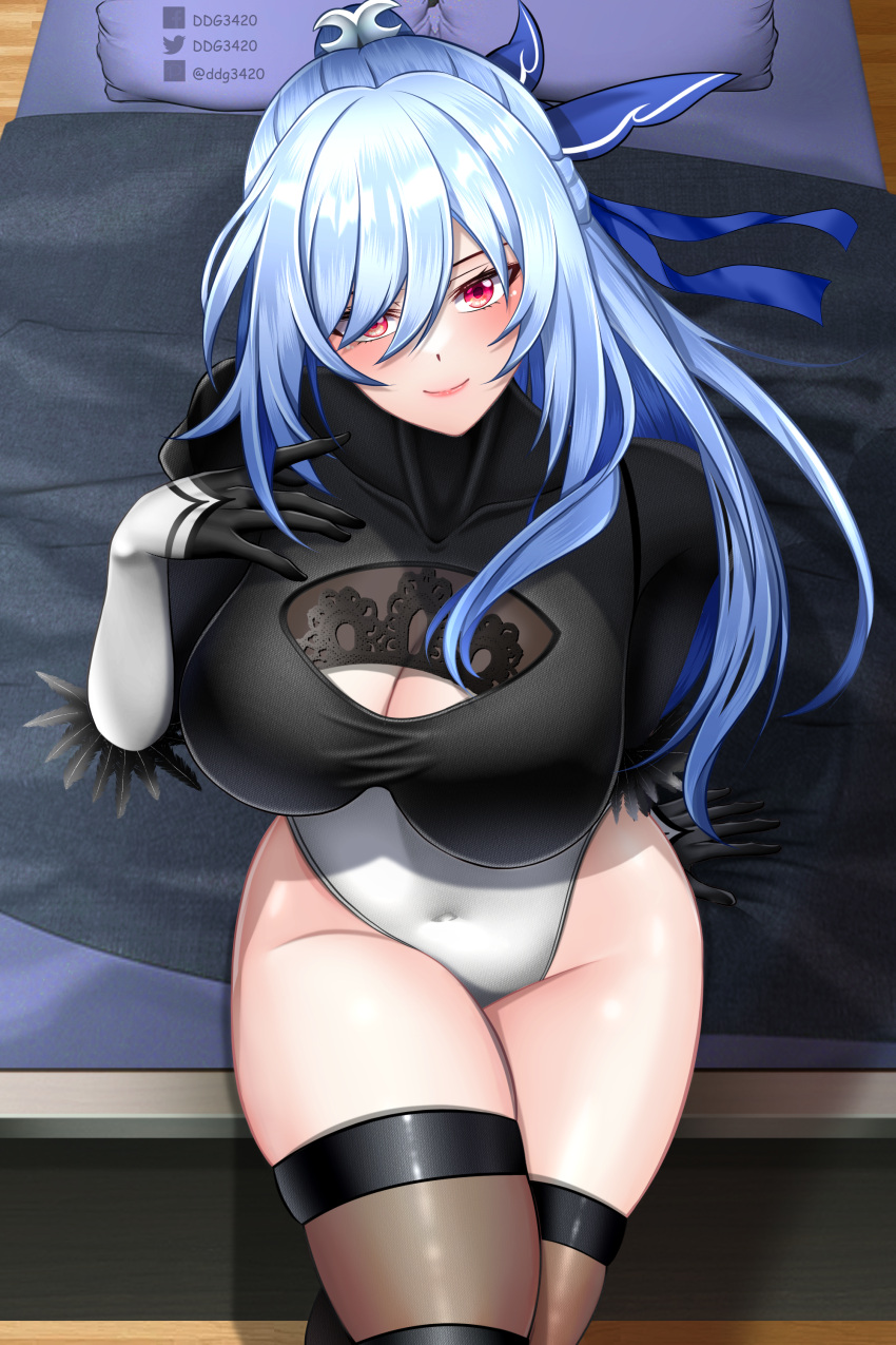 1girl 2b_(nier:automata) 2b_(nier:automata)_(cosplay) absurdres artist_name bed black_gloves black_shirt blue_hair blue_ribbon boots breasts brown_thighhighs cleavage cleavage_cutout closed_mouth clothing_cutout commentary cosplay covered_collarbone covered_navel cowboy_shot crop_top ddg3420 feather-trimmed_sleeves gloves hair_between_eyes hair_ribbon half_updo hand_on_own_chest high_ponytail highres honkai:_star_rail honkai_(series) jingliu_(honkai:_star_rail) juliet_sleeves large_breasts leotard long_hair long_sleeves nier:automata nier_(series) no_blindfold on_bed ponytail puffy_sleeves red_eyes ribbon shadow shirt sidelocks sitting skindentation smile solo thighhighs thighhighs_under_boots thong_leotard white_leotard