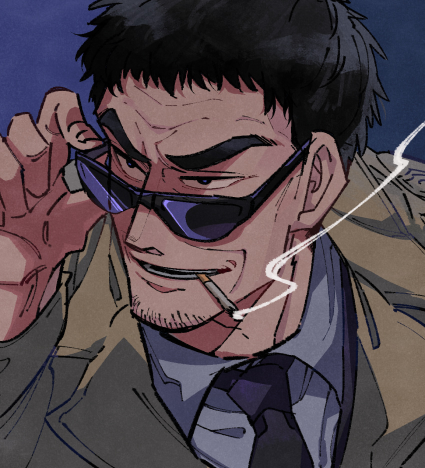 1boy adjusting_eyewear black_eyes black_hair black_necktie blue_background brown_coat cigarette coat collared_shirt commentary_request endou_yuuji facial_hair goatee highres inudori kaiji male_focus necktie open_mouth shirt short_bangs short_hair smile smoking solo sunglasses teeth upper_body very_short_hair white_shirt