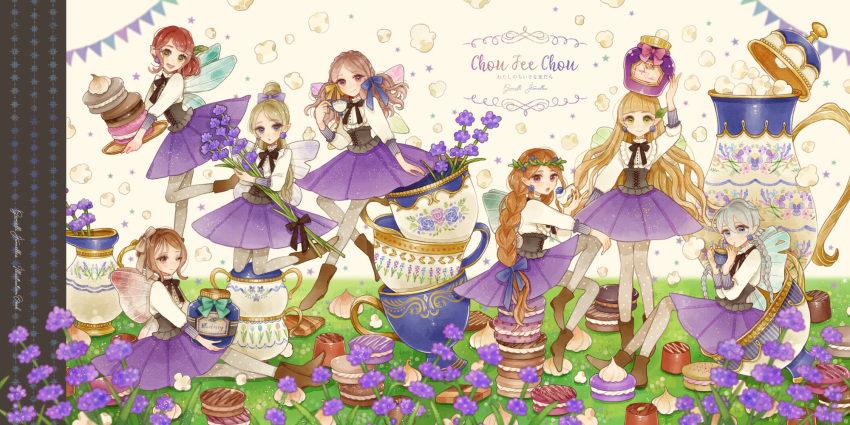 6+girls arm_up blonde_hair blue_eyes blunt_bangs blush boots bow braid brown_eyes brown_hair cake cake_slice corset cup earrings fairy fairy_wings flower food full_body grass green_eyes grey_hair hair_bow hair_bun hair_ornament hair_ribbon half_updo highres holding holding_flower holding_food holding_jar holding_tray in_container in_cup jam jar jewelry kneeling leaf_hair_ornament long_hair long_sleeves macaron mini_person minigirl multiple_girls one_eye_closed open_mouth orange_hair original pantyhose parted_lips pointy_ears polka_dot_pantyhose popcorn purple_eyes red_hair ribbon short_hair single_hair_bun sitting skirt smile star_(symbol) string_of_flags tea_set teacup teapot tray twin_braids vase very_long_hair wings yunoto_(conceit)