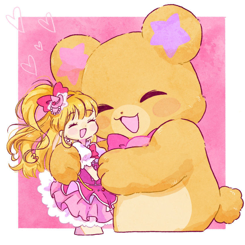 1girl asahina_mirai bear blonde_hair blush bow commentary_request creature cure_miracle earrings hair_bow hair_ornament half_updo hat heart highres hoppetoonaka3 hug jewelry long_hair magical_girl mahou_girls_precure! mini_hat mini_witch_hat mofurun_(mahou_girls_precure!) open_mouth pink_background pink_bow pink_headwear pink_skirt precure skirt smile star_(symbol) witch_hat