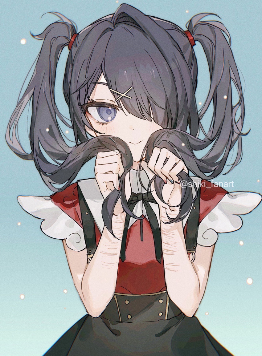 1girl ame-chan_(needy_girl_overdose) black_hair black_nails black_ribbon black_skirt blue_background closed_mouth collar collared_shirt hair_ornament hair_over_one_eye hair_tie hairclip highres holding holding_hair long_hair looking_at_viewer multicolored_nails neck_ribbon needy_girl_overdose purple_eyes red_nails red_shirt ribbon shiki_fanart shirt shirt_tucked_in skirt smile solo suspender_skirt suspenders twintails white_collar wrist_cutting x_hair_ornament