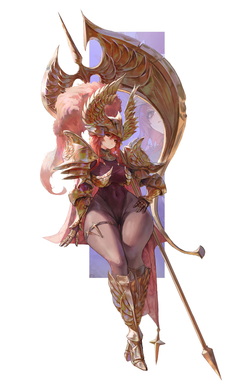 1girl absurdres armor armored_boots axe battle_axe boots breasts cape couter covered_navel full_body gauntlets gold_armor greaves hand_on_own_hip helmet high_heels highleg highleg_leotard highres huge_weapon knee_boots kou_(kokounene) large_breasts leotard long_hair navel original pantyhose pauldrons polearm red_hair red_leotard shoulder_armor simple_background solo thick_thighs thighlet thighs weapon white_background winged_helmet zoom_layer