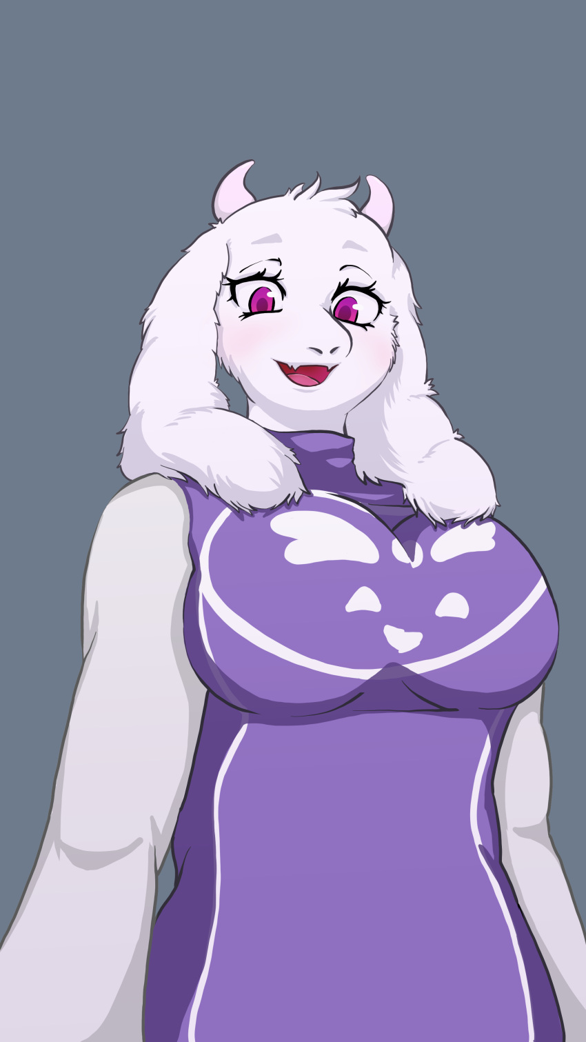 1girl 2020 absurdres animal_ears breasts furry furry_female goat goat_horns green_background highres horns large_breasts looking_at_viewer mature_female monster monster_girl rusal simple_background solo toriel undertale white_fur