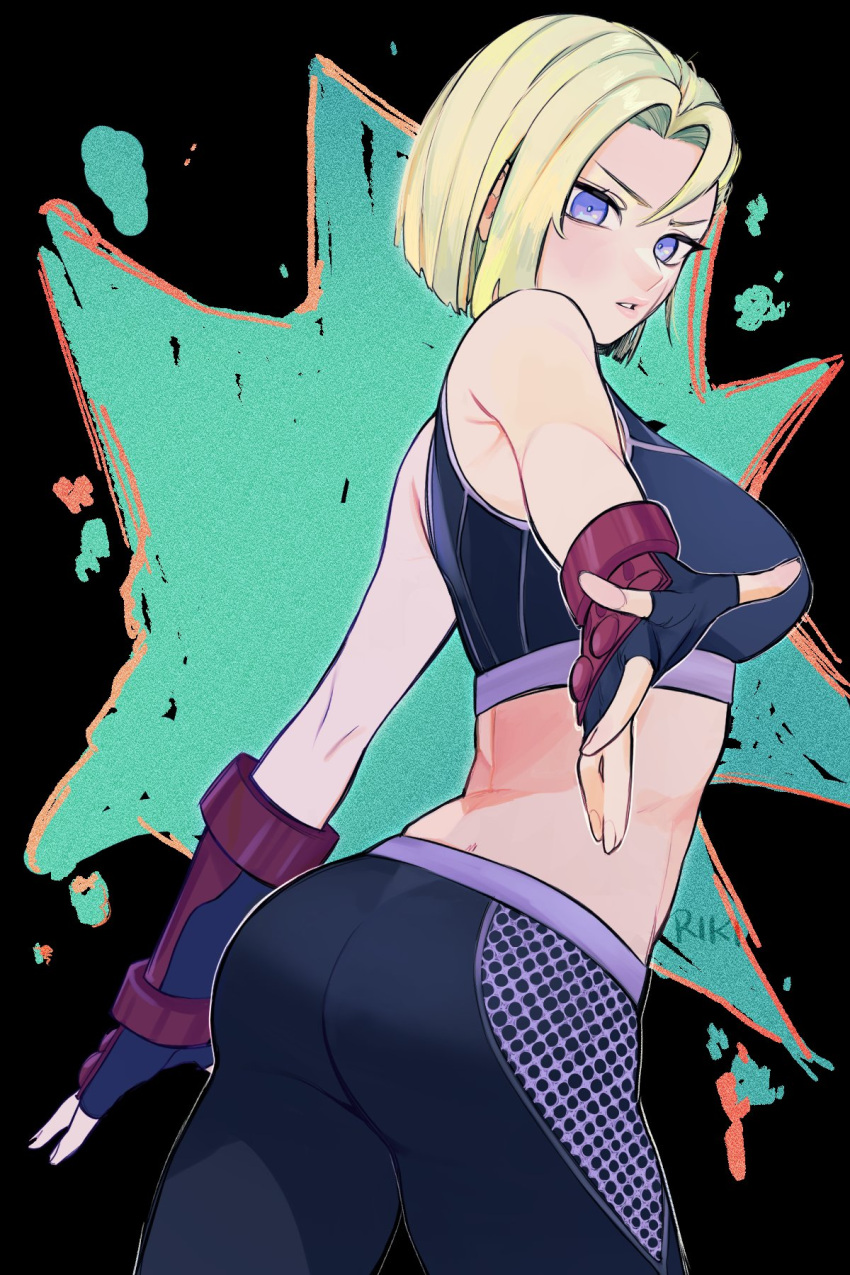 1girl artist_name ass bare_shoulders blonde_hair blue_eyes blue_sports_bra breasts cammy_white commentary cowboy_shot english_commentary fingerless_gloves from_side gloves highres looking_at_viewer looking_to_the_side medium_breasts midriff official_alternate_hair_length official_alternate_hairstyle open_hand outstretched_hand pants parted_lips rikikitty scar scar_on_cheek scar_on_face short_hair solo spandex sports_bra street_fighter street_fighter_6 tight_clothes tight_pants