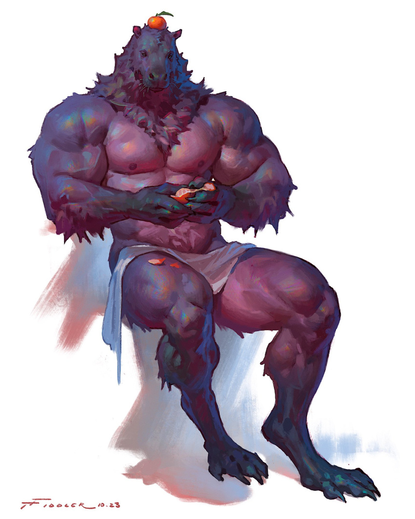 2023 abs anthro areola barazoku biceps capybara caviid digital_media_(artwork) food fruit fur fur_tuft hi_res male mammal muscular muscular_anthro muscular_male muscular_thighs nipples orange_(fruit) pecs plant quads rodent simple_background sitting solo taran_fiddler thick_thighs towel towel_only tuft vein veiny_muscles were werecapybara whiskers white_background