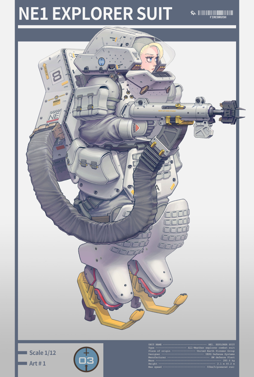 1girl absurdres arm_pouch armor backpack bag barcode blonde_hair blue_eyes english_text firebrush full_armor full_body highres industrial jackhammer machine original power_armor science_fiction solo spacesuit standing