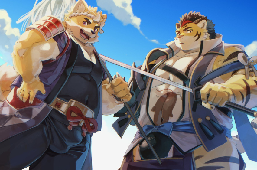 2boys animal_ears bara blue_sky bulge cloud cloudy_sky commentary_request dog_boy dog_ears dog_tail fangs furry furry_male furry_with_furry hachimaki hands_on_own_hips happi headband highres hitachi_(tamacolle) holding holding_sword holding_weapon japanese_clothes kajika_(ka_ji_ka) looking_at_viewer male_focus multiple_boys musashi_(tamacolle) nejiri_hachimaki open_mouth sky smile sword tail tamacolle tiger_boy tiger_ears tiger_stripes tiger_tail weapon