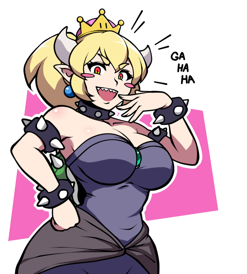 1girl bare_shoulders blonde_hair blush bowsette bracelet breasts clown collar collarbone dragon_girl dress earrings english_text genderswap genderswap_(mtf) highres horns jam-orbital jewelry large_breasts laughing looking_at_viewer mario_(series) ojou-sama_pose pointy_ears red_hair sharp_teeth sleeveless sleeveless_dress solo spiked_bracelet spiked_collar spikes super_crown teeth turtleneck