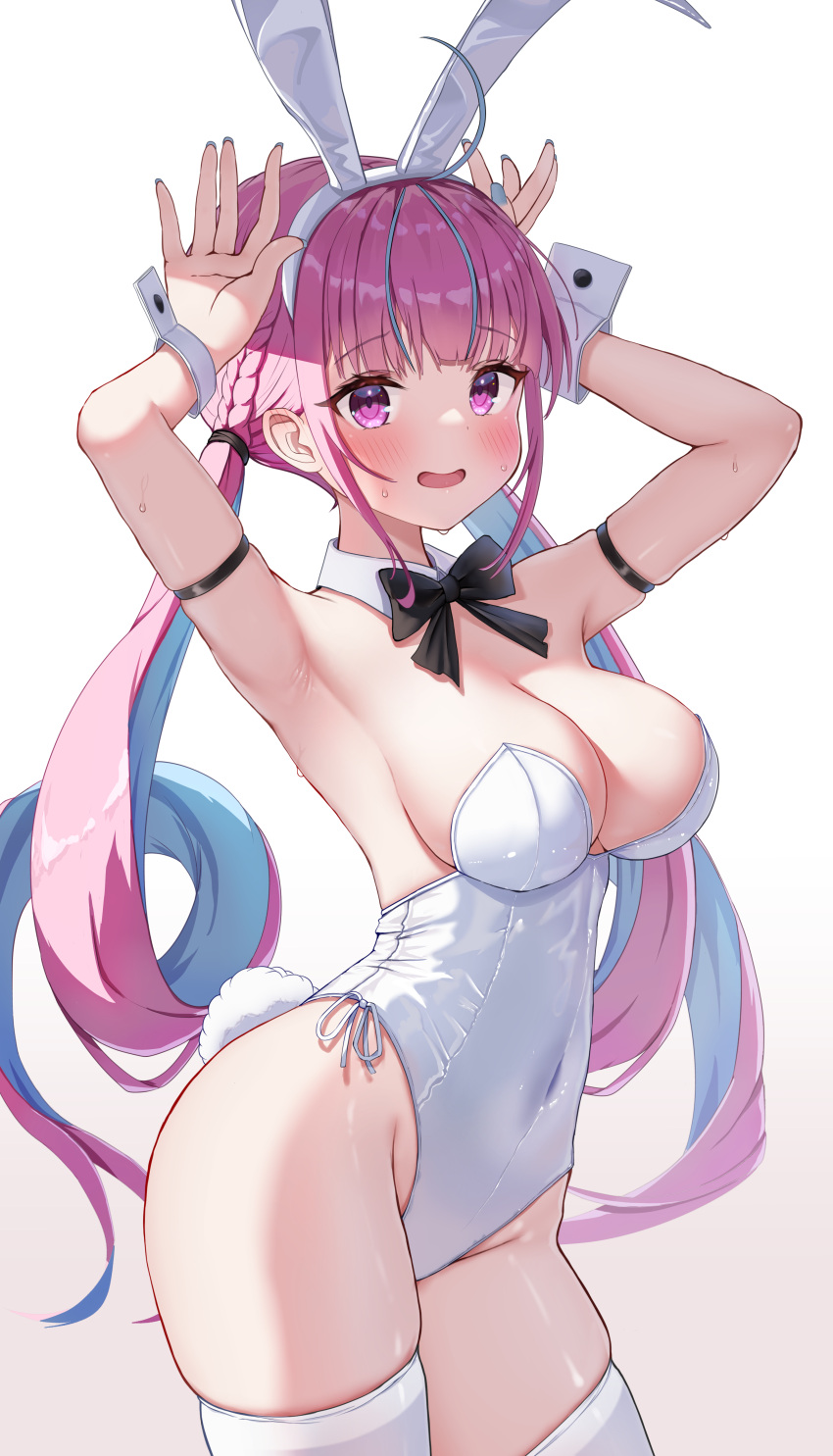 1girl absurdres ahoge animal_ears arm_strap armpits arms_up black_bow black_bowtie blue_hair blue_nails blush bow bowtie braid breasts colored_inner_hair commentary contrapposto covered_navel detached_collar dot_nose fake_animal_ears fake_tail fingernails french_braid groin highleg highleg_leotard highres hololive large_breasts leotard long_fingernails long_hair looking_at_viewer low_twintails minato_aqua multicolored_hair nail_polish open_mouth playboy_bunny purple_eyes purple_hair rabbit_ears rabbit_pose rabbit_tail raised_eyebrows side-tie_leotard sidelocks simple_background skindentation smile solo strapless strapless_leotard streaked_hair sweatdrop tail thighhighs tobidasu00 twintails two-tone_hair very_long_hair virtual_youtuber white_background white_leotard white_thighhighs white_wrist_cuffs wrist_cuffs