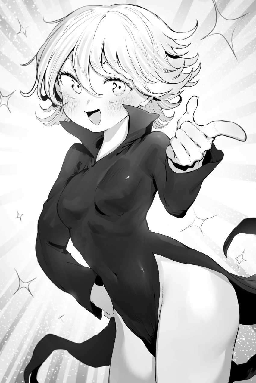 1girl absurdres blush breasts collared_dress covered_navel cowboy_shot dress eyelashes flipped_hair foreshortening hair_between_eyes hand_on_own_hip highres leaning_forward long_sleeves looking_at_viewer monochrome niwarhythm one-punch_man open_mouth out_of_character pelvic_curtain short_hair small_breasts smile solo sparkle tatsumaki thighs