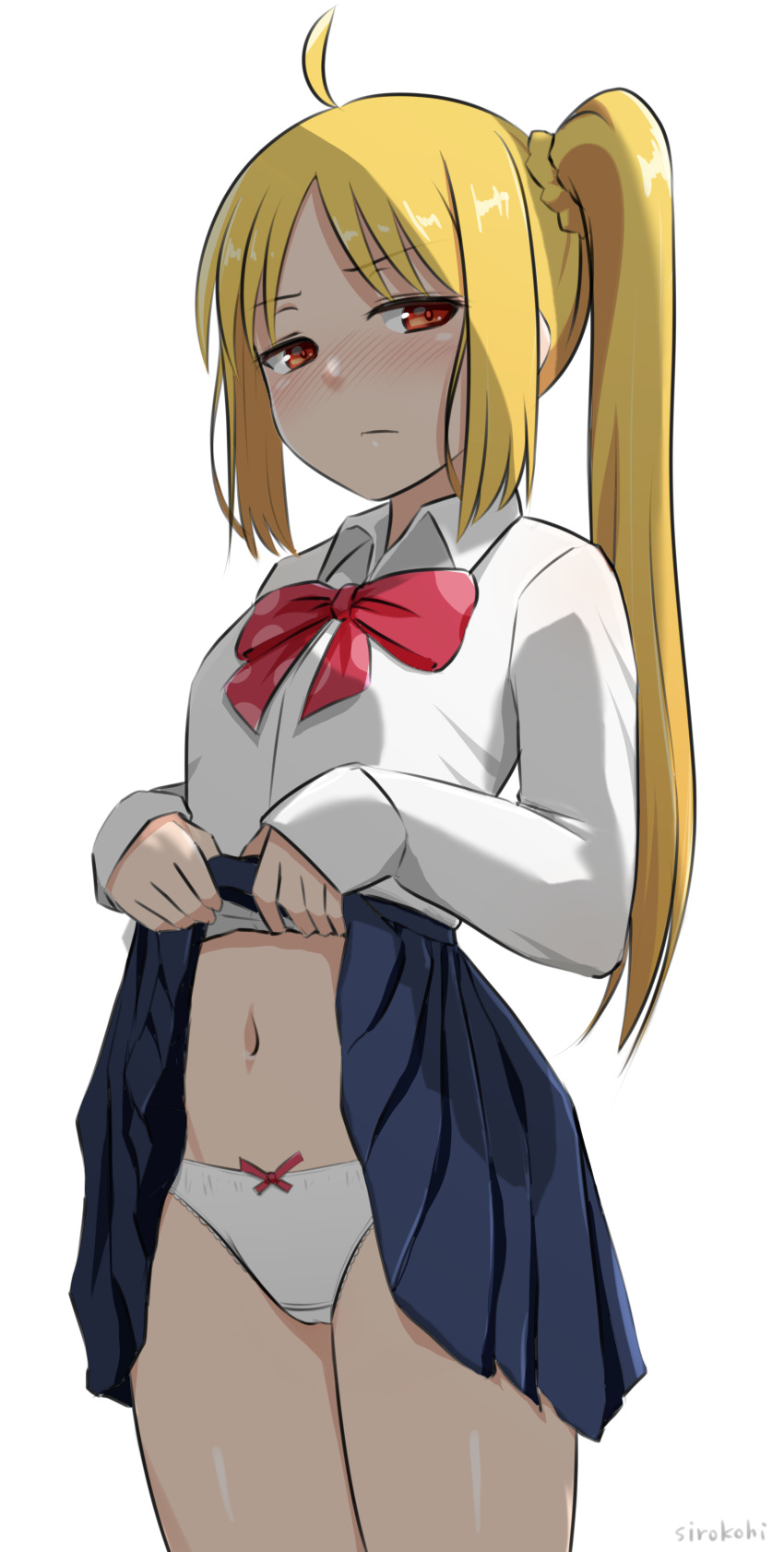 1girl absurdres ahoge artist_name blonde_hair blue_skirt blush bocchi_the_rock! bow bow_panties bowtie breasts brown_eyes closed_mouth clothes_lift collared_shirt commentary cowboy_shot dress_shirt from_side furrowed_brow highres ijichi_nijika lifted_by_self light_frown long_hair long_sleeves looking_at_viewer looking_to_the_side midriff navel nose_blush paid_reward_available panties parted_bangs pleated_skirt red_bow red_bowtie school_uniform shimokitazawa_high_school_uniform shirt side_ponytail sidelocks signature simple_background sirokohi skirt skirt_lift small_breasts solo standing underwear white_background white_panties white_shirt