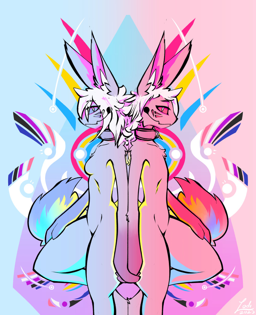 abstract_background absurd_res anthro back_to_back breasts chest_tuft clone collar collar_only crossgender demon duo female genderfluid_pride_colors hair hand_holding hand_on_leg hand_on_thigh hi_res lgbt_pride lodi_(artist) lodi_(character) long_hair looking_at_viewer male markings nude pansexual_pride_colors pride_colors small_breasts smile smiling_at_viewer standing tuft white_hair