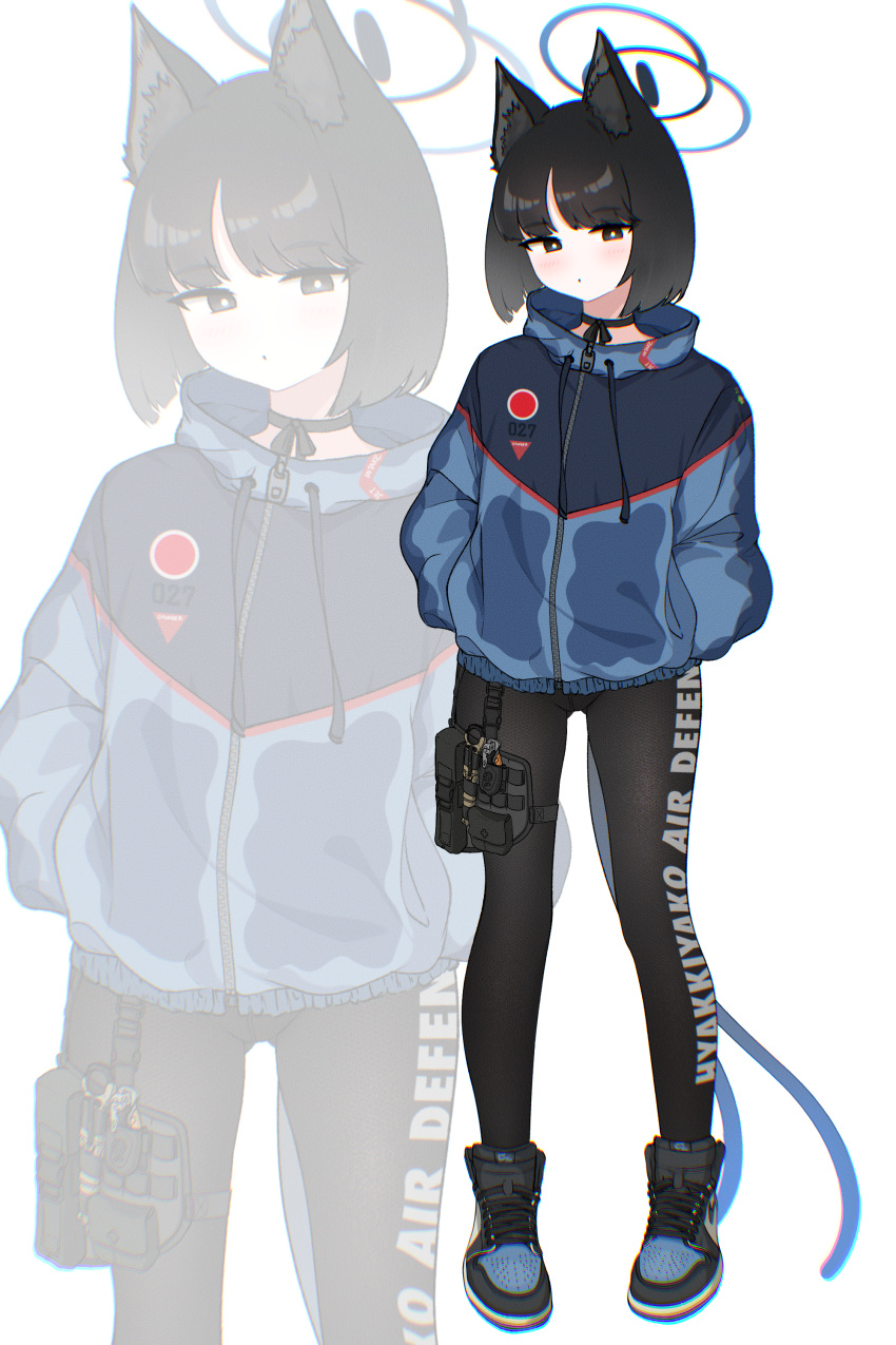 1girl absurdres alternate_costume animal_ears black_eyes black_footwear black_hair black_pantyhose blue_archive blue_halo blue_jacket blush cat_ears cat_tail full_body halo hands_in_pockets highres hrna jacket kikyou_(blue_archive) long_sleeves multiple_tails pantyhose shoes short_hair solo tail two_tails zoom_layer