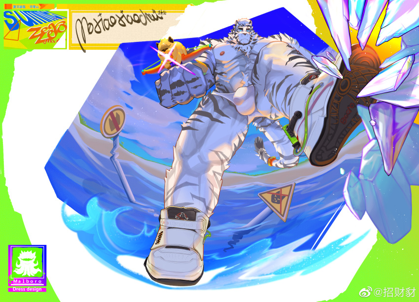 1boy abs absurdres alternate_costume alternate_weapon animal_ears arknights bara blue_eyes breaking covered_penis crossbow feet fisheye foot_focus from_below full_body furry furry_male glass highres holding holding_crossbow holding_weapon incoming_attack landing large_hands large_pectorals looking_at_viewer male_focus male_swimwear modachai_(weibo5622674859) mountain_(arknights) muscular muscular_male nipples pectorals perspective scar scar_across_eye see-through_swimsuit shoes short_hair sneakers solo swim_briefs swim_trunks tail thick_eyebrows thick_thighs thighs tiger_boy tiger_ears tiger_tail topless_male weapon white_fur white_hair