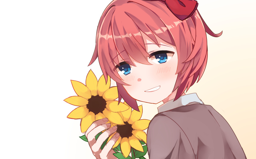 1girl blazer blue_eyes bluesky021 brown_jacket doki_doki_literature_club flower highres jacket light_blush looking_at_another red_hair red_ribbon ribbon sayori_(doki_doki_literature_club) short_hair smile solo sunflower teeth