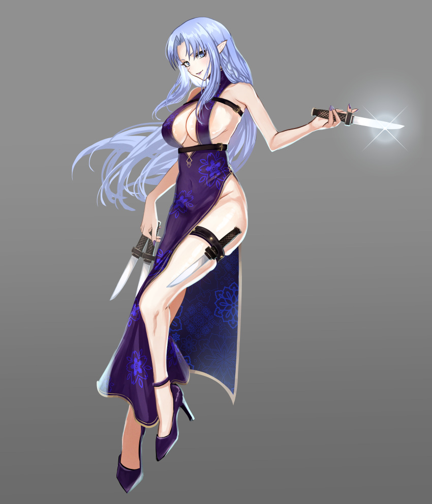 1girl absurdres alternate_costume blue_eyes blue_hair braid breasts china_dress chinese_clothes covered_navel dress dual_wielding fate/grand_order fate_(series) floral_print_dress full_body grey_background high_heels highres holding holding_knife knife large_breasts long_hair medea_(fate) print_dress purple_dress purple_footwear shibao_aoyama side_braid side_slit sleeveless sleeveless_dress solo thigh_strap very_long_hair