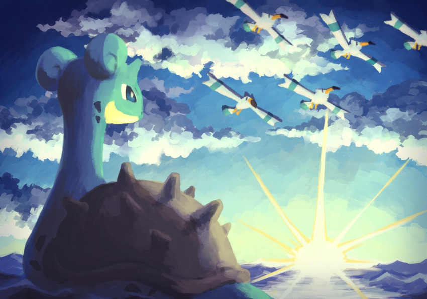 7_phi_3 animal_focus blue_eyes blue_skin cloud cloudy_sky colored_skin commentary_request dawn flying from_behind horizon lapras no_humans pokemon pokemon_(creature) shell sky sun sunlight water wingull