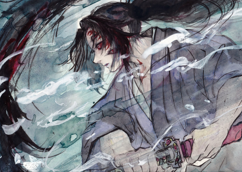 1boy black_hair colored_sclera cpctbepfk4l2gax extra_eyes facial_mark fighting_stance floating_hair from_side highres japanese_clothes kimetsu_no_yaiba kimono kokushibou long_hair long_sleeves looking_away male_focus multicolored_hair parted_lips profile ready_to_draw red_hair red_sclera solo streaked_hair traditional_media upper_body visible_air