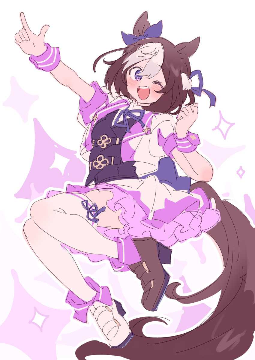 1girl ;d absurdres animal_ears ankle_boots arm_up asymmetrical_footwear black_vest blue_bow blue_ribbon blush boots bow brown_hair brown_tail clenched_hand cropped_jacket fold-over_boots frilled_skirt frills hair_bow hair_ribbon hand_up high_heel_boots high_heels highres horse_ears horse_girl horse_tail jacket lapels legs_up looking_at_viewer miniskirt mismatched_footwear multicolored_clothes multicolored_hair multicolored_jacket neck_ribbon one_eye_closed open_mouth paru_rari pink_jacket pink_skirt pink_wrist_cuffs pointing purple_eyes ribbon short_hair sidelocks simple_background sketch skirt smile solo sparkle special_week_(umamusume) tail thighhighs two-tone_hair two-tone_jacket two-tone_skirt umamusume vest white_background white_hair white_jacket white_skirt white_thighhighs wrist_cuffs