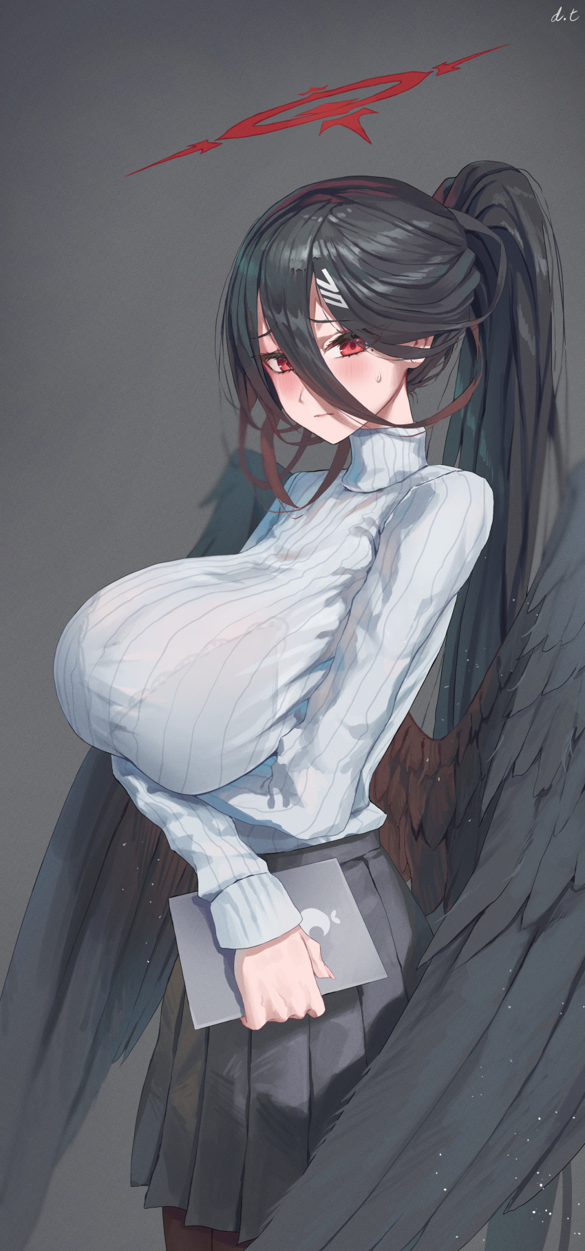 1girl absurdres black_hair black_wings blue_archive breasts cosplay dotthebot feathered_wings hair_between_eyes halo hasumi_(blue_archive) highres holding holding_tablet_pc huge_breasts long_hair looking_at_viewer ponytail red_eyes ribbed_sweater rio_(blue_archive) rio_(blue_archive)_(cosplay) solo sweater tablet_pc turtleneck turtleneck_sweater very_long_hair white_sweater wings