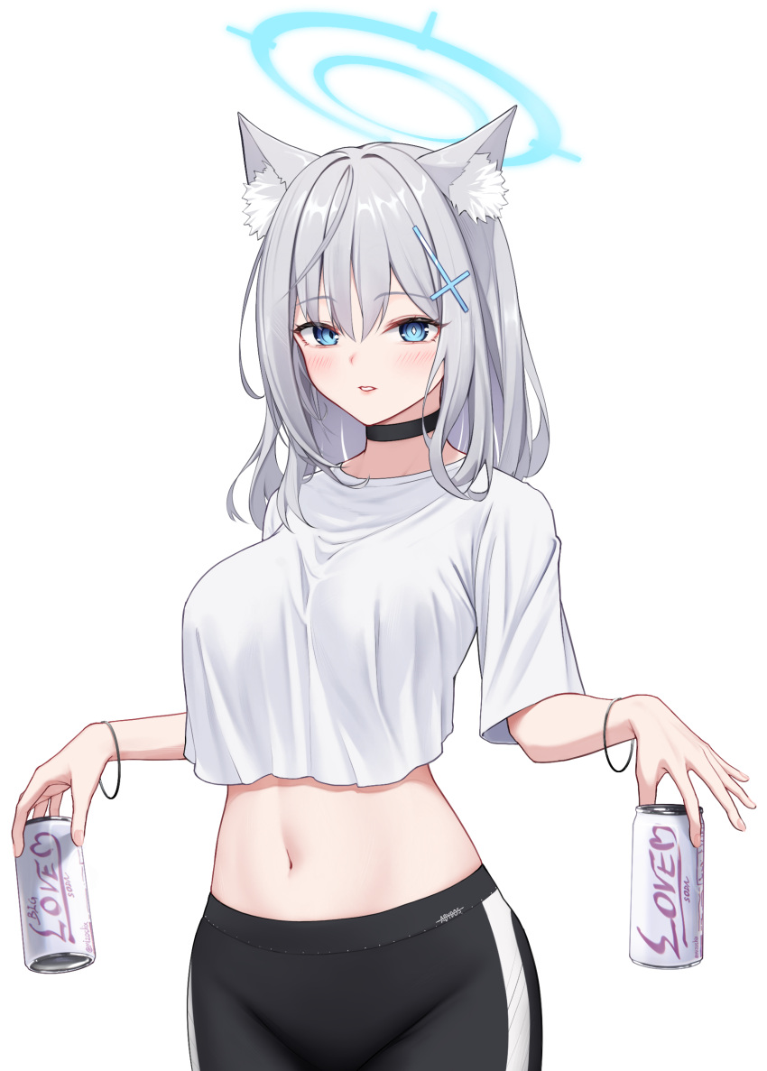 1girl absurdres alternate_costume animal_ear_fluff animal_ears black_choker black_pants blue_archive blue_eyes blush bracelet breasts can choker commentary cowboy_shot crop_top crop_top_overhang cross_hair_ornament english_commentary engrish_commentary grey_hair hair_between_eyes hair_ornament halo highres holding holding_can jewelry light_smile looking_at_viewer medium_breasts medium_hair mizoshi-x navel pants parted_lips shiroko_(blue_archive) shirt simple_background solo standing stomach tight_clothes tight_pants white_background white_shirt wolf_ears yoga_pants