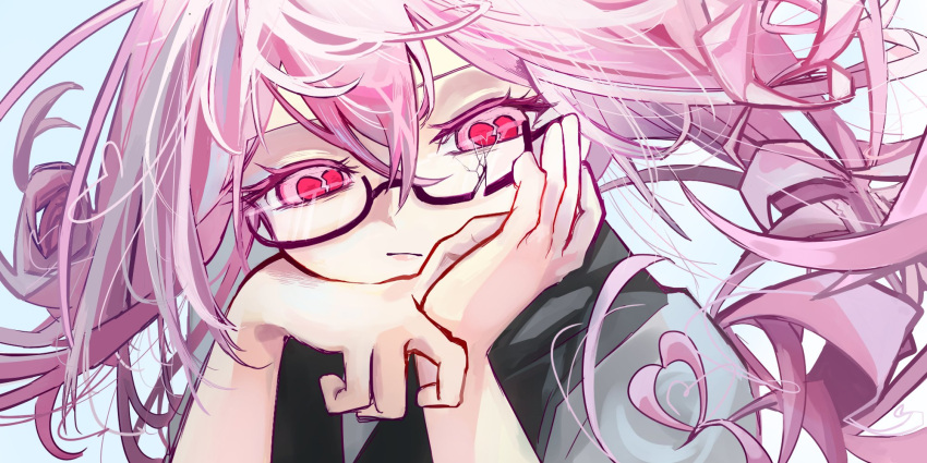 1girl black-framed_eyewear blue_background bored broken_eyewear broken_heart closed_mouth coco_(tai_sekaiyou_mahou_shoujo_tsubame) commentary_request frill_inferno glasses hair_between_eyes hands_on_own_face hands_up heart heart-shaped_pupils highres long_hair looking_at_viewer pink_eyes pink_hair semi-rimless_eyewear solo symbol-shaped_pupils tai_sekaiyou_mahou_shoujo_tsubame under-rim_eyewear upper_body